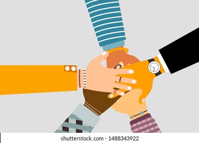 Flat unity and friendship concept with people of different nationalities and races putting their hands together. Vector illustration