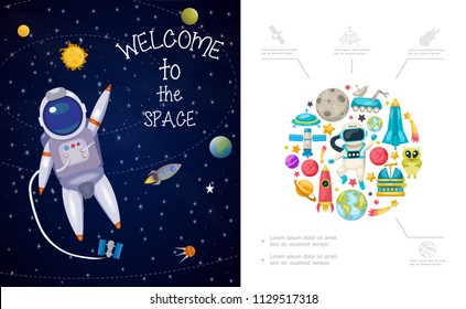 Flat universe composition with astronaut in outer space mercury venus earth planets sun moon rover rocket spaceship ufo meteor extraterrestrial planetary vector illustration