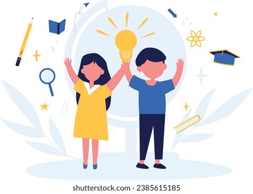 Flat university concept with education elements. Training, education, children, development. Educational materials, self-education, training. Cute children. Template for advertising brochure. 