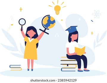 Flat university concept with education elements. Training, education, children, development. Educational materials, self-education, training. Cute children. Template for advertising brochure. 