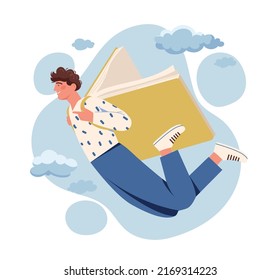 Flat university concept  Man and book behind his back flies  Metaphor inspired student doing homework  Exam test preparation  training  learning   education  Cartoon vector illustration