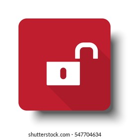 Flat Unlock web icon on red button with drop shadow