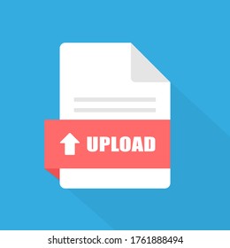 Flat upload document file icon isolated on blue background. pdf file with long shadow.