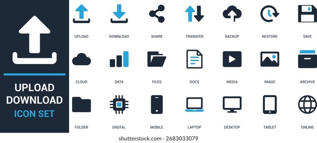Flat upload download icon set featuring cloud, data, transfer, backup, restore, media, files, and devices. Perfect for digital, storage, technology, and web design projects.
