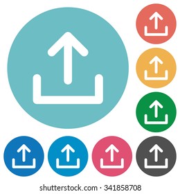 Flat upload icon set on round color background. 8 color variations included with light teme.