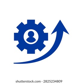 Flat upskill icon featuring a person inside a gear with a curved upward arrow representing skill improvement, professional development, training, and career advancement.