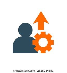 Flat upskill icon featuring a person, gear, and upward arrow representing skill development, employee training, career growth, and professional improvement.