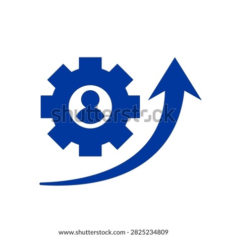 Flat upskill icon featuring a person inside a gear with a curved upward arrow representing skill improvement, professional development, training, and career advancement.