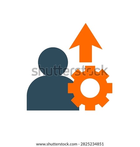 Flat upskill icon featuring a person, gear, and upward arrow representing skill development, employee training, career growth, and professional improvement.