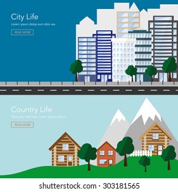 Flat urban city and country side with buildings houses and mountains. Vector and illustration design.