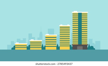 Flat of urban city skyline with increasing heights of residential apartment blocks