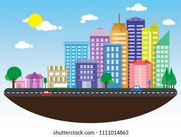 Flat urban landscape with high skyscrapers and floating in the sky. Vector illustration.