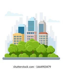 Flat urban landscape with high skyscrapers, trees and subway. Building icon.