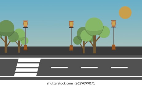 Escena de calle Urbana plana con árboles y postes de lámpara – Ilustración vectorial