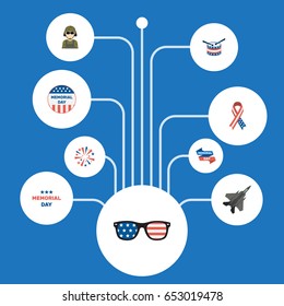 Flat Usa Badge, Firecracker, Awareness And Other Vector Elements. Set Of Memorial Flat Symbols Also Includes Spectacles, Man, Aircraft Objects.