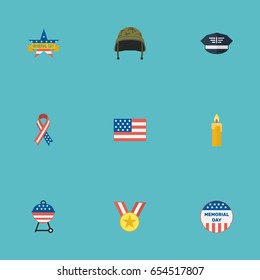 Flat Usa Badge, Soldier Helmet, Medallion And Other Vector Elements. Set Of Day Flat Symbols Also Includes Banner, Awareness, Hat Objects.