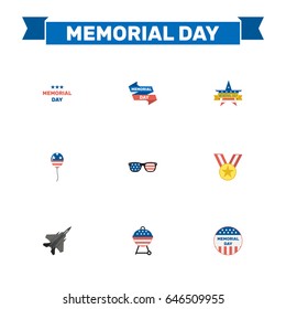 Flat Usa Badge, Spectacles, Ribbon And Other Vector Elements. Set Of History Flat Symbols Also Includes Barbecue, Mom, Holiday Objects.