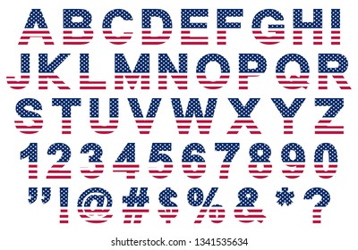 flat usa flag colors font, letters, numbers, symbols and signs, stock vector illustration clip art