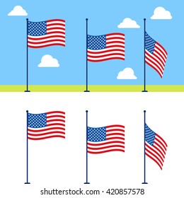 Flat USA Flags Vector Set. United States Flag Color Vector Illustration On Blue Sky Background With Clouds. Stages Of Descent Or Raising The US Flag On Flagpole. USA Flag. United States Flags Set.