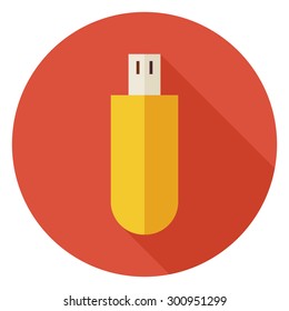 Flat USB Circle Icon with Long Shadow. Computer Technology Vector illustration. Digital Data Information Object. 
