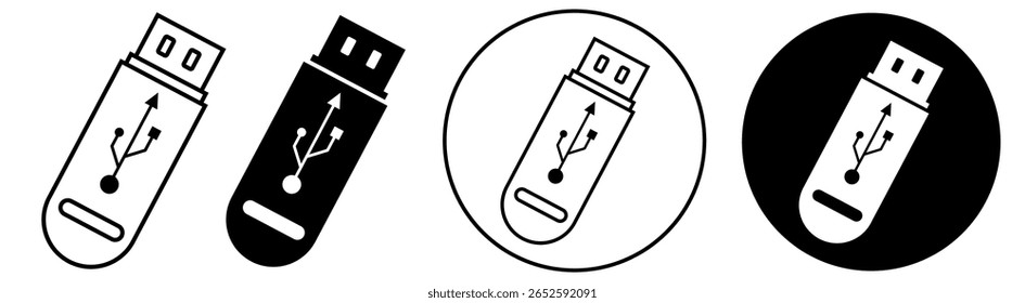 Ícone de unidade flash USB plano definido em contorno, sólido no formato EPS 10 vetorial. Representa dispositivos de armazenamento digital usados em interfaces técnicas, ferramentas de transferência de dados, sistemas de backup e ilustrações de hardware. 