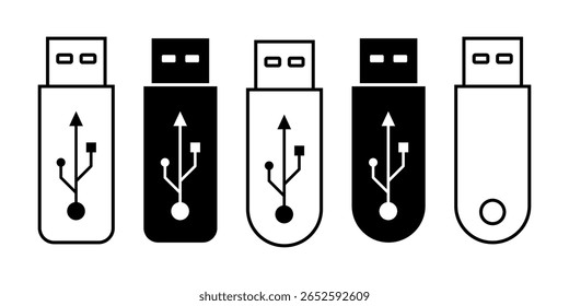 Ícone de unidade flash USB plano definido em contorno, sólido no formato EPS 10 vetorial. Representa dispositivos de armazenamento digital usados em interfaces técnicas, ferramentas de transferência de dados, sistemas de backup e ilustrações de hardware. 