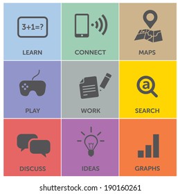 Flat user interface menu: learn, LTE, navigation, games, work, search, discuss, ideas, graphs - modern pastel flat colors background