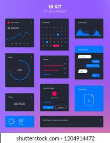 Flat user interface vector set for website development and mobile application design. Message box, dashboards, timer, calendar