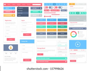 Flat user interface vector set for website development and mobile application design with lots of colorful stylish icons, buttons, control elements and forms in modern fresh design style.