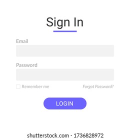 Flat user login form menu or page interface design with purple color theme. Sign up template for website, mobile, and apps development. Vector Eps 10