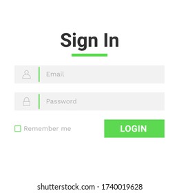 Flat user login form menu or page interface design with light green color theme. Sign up template for website, mobile, and apps development. Vector Eps 10 illustration