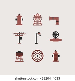 Flat utility icon collection showing a fire hydrant in plum colors, geometric vector infrastructure artwork for engineering reports, city planning documents and printed diagrams.