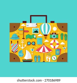Flat Vacation Summer Holiday Objects Set. Vector Illustration of Travel Objects Suitcase Shaped 