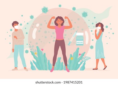 Flat vaccine composition with happy protected vaccinated person people wearing medical masks and syringe vector illustration