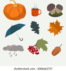 Flaches Sommerbesteck mit Kürbis, Viburnum, Regenschirm, Ahorn, Pilze, Wolken, Tasse Tee, Ahornblatt, Eichenblatt