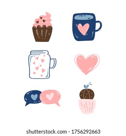 flat valentine day pack cupcake mug love pink blue