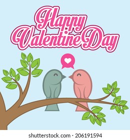 Flat Valentine Day Vector Card With Birds In Love On Tree Branch