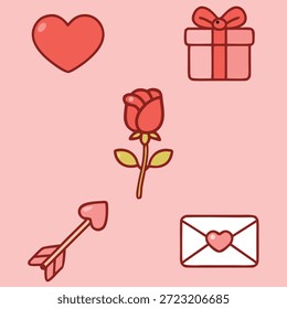 Conjunto de iconos de amor de San Valentín plano que incluye una flecha de cupido de corazón, una carta de amor y una caja de regalo con Formas redondeadas mínimas y contornos limpios