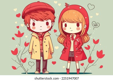 flat valentine's day background with beautiful couple in cartoon style, illustration