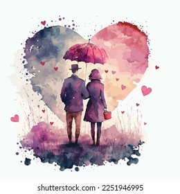 flat valentine's day background with couple holding hands in watercolor style