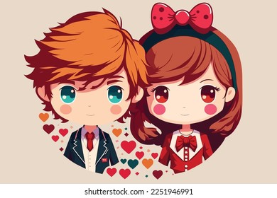 flat valentine's day background with cute couple in anime style, illustration