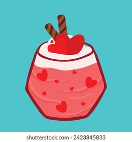 Flat valentines day drink with love heart. Refreshing drinks : strawberry milkshake, daiquiri, smoothie, milkshake, cocktail, yogurt cute cartoon vector illustration isolated