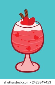 Flat valentines day drink with love heart. Refreshing drinks : strawberry milkshake, daiquiri, smoothie, milkshake, cocktail, yogurt cute cartoon vector illustration isolated