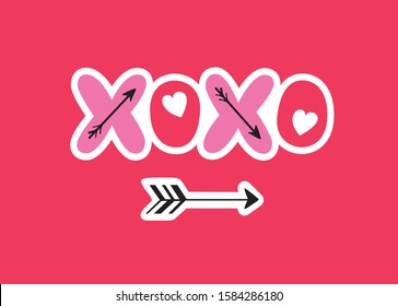 Flat Valentine's Day Hand XOXO Lettering Greeting Card. Hearts and Arrows. Love.  Hugs and Kisses. Cute Graffiti. Hot Pink Background. Girly Feminine Print