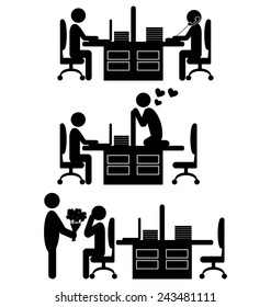 Flat valentine`s day office icons isolated on white background 