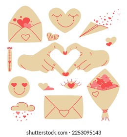 Flat Valentine's elements. Vector illustration. Letter, heart, flowers, perfume, smile, fly, stickers, decorative set  