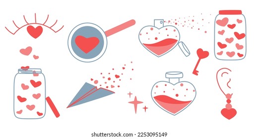 Flat Valentine's elements. Vector illustration. Letter, heart, flowers, perfume, smile, fly, stickers, decorative set  