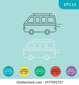 Flat van icon. Vector outline in different colours: black, white, on yellow, green, red, blue, violet round circle. Travel bus vehicle. House on the wheels.
