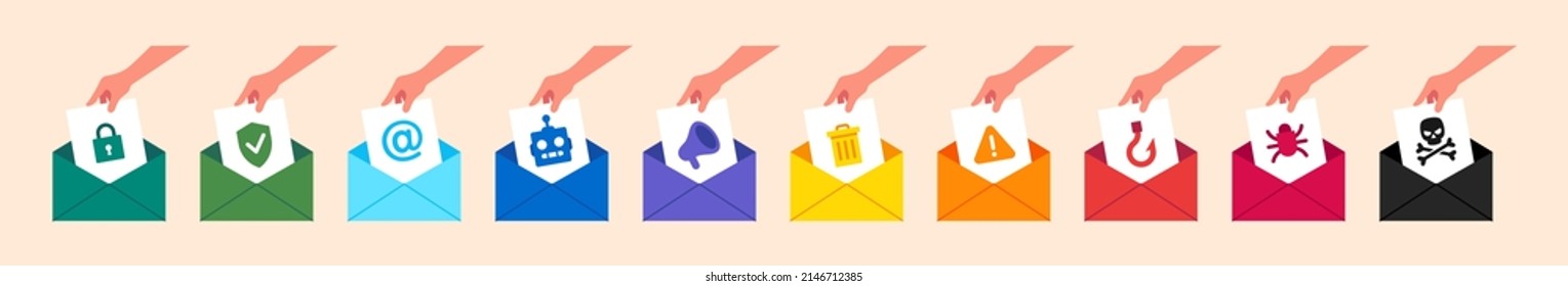 Flat variants hand takes the letter out of the envelope email from safe protected to the dangerous virus, set vector illustration