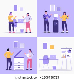 Flat Variety of business people at working place vector illustration set. Team, boss, businessman, businesswoman, secretary and clients characters. Office life business concept. Cooler, printer.